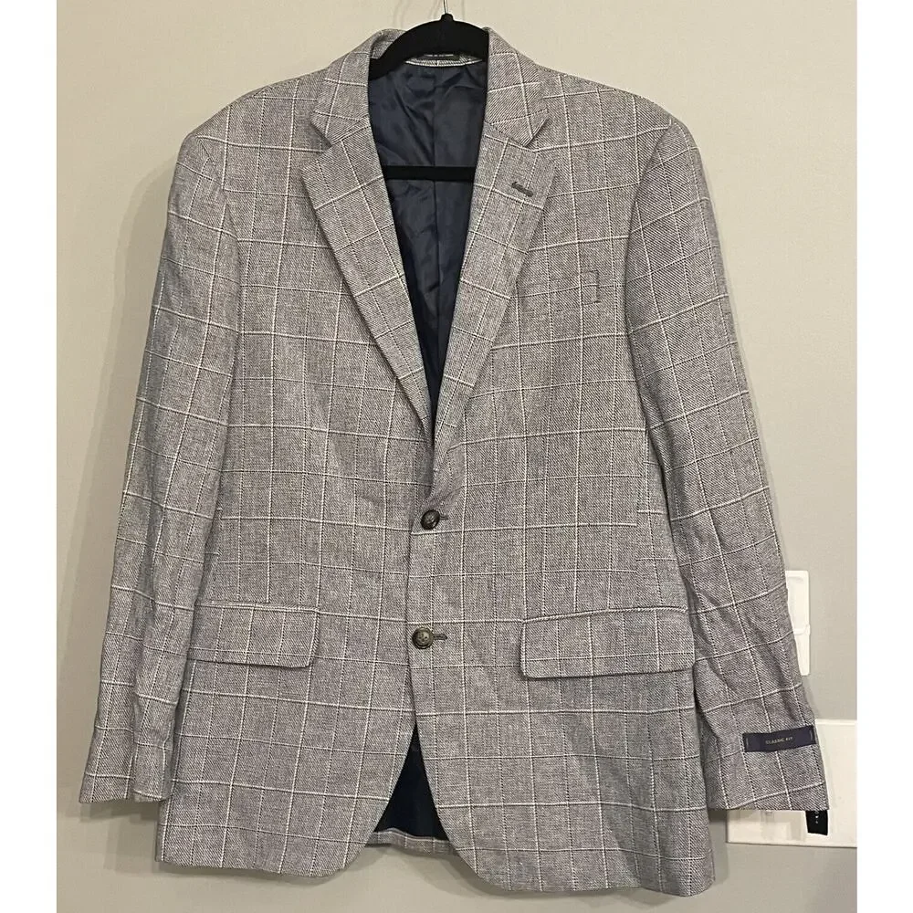 Stafford Blazer Classic Fit Linen Blend Windowpane Plaid Sport Coat 38R New‎